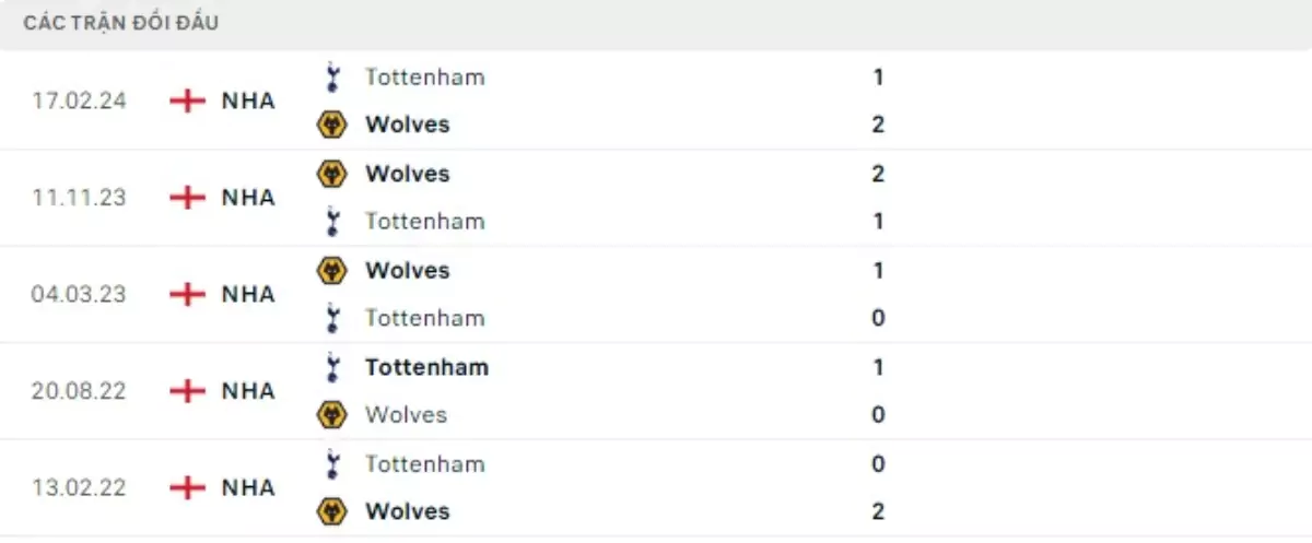 Thành tích thi đấu gần đây của Tottenham vs Wolves