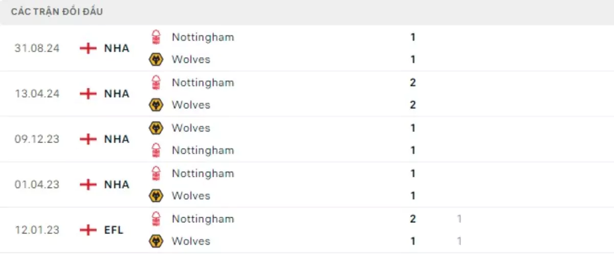 Thành tích thi đấu gần đây của Wolves vs Nottingham Forest