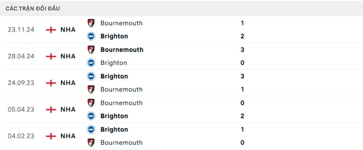 Thành tích thi đấu gần đây của Brighton vs Bournemouth