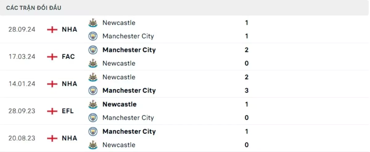 Thành tích thi đấu gần đây của Man City vs Newcastle