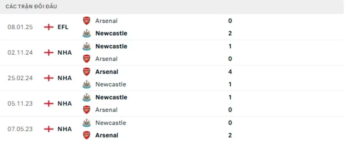 Thành tích thi đấu gần đây của Newcastle vs Arsenal