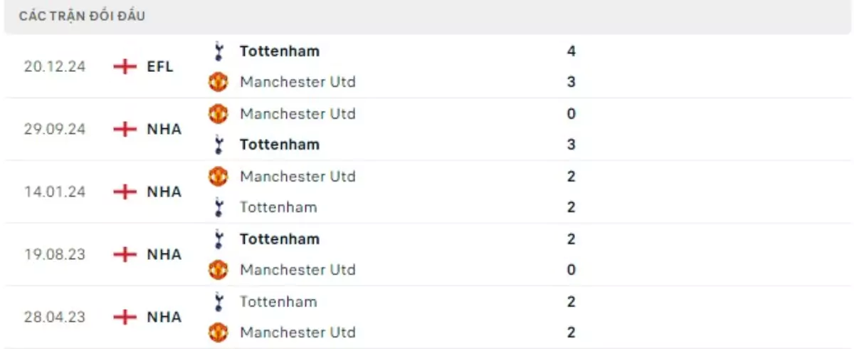 Thành tích thi đấu gần đây của Tottenham vs Man United