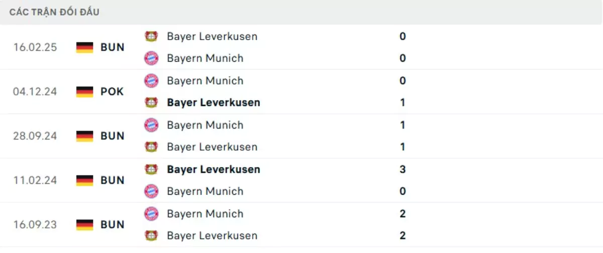 Thành tích thi đấu gần đây của Bayern Munich vs Bayer Leverkusen