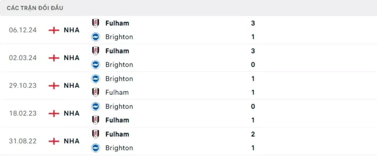 Thành tích thi đấu gần đây của Brighton vs Fulham