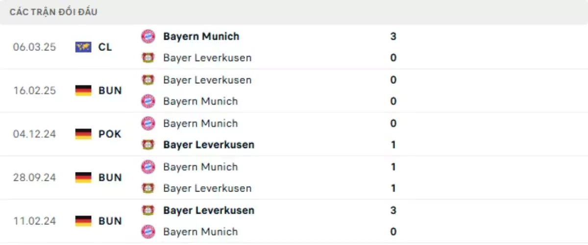 Thành tích thi đấu gần đây của Bayer Leverkusen vs Bayern Munich