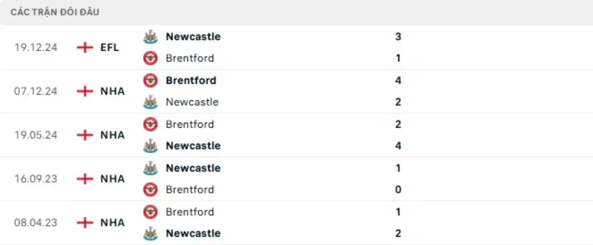 Thành tích thi đấu gần đây của Newcastle vs Brentford