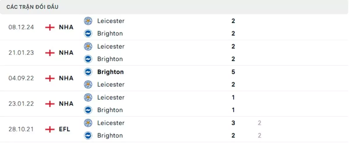 Thành tích thi đấu gần đây của Brighton vs Leicester City