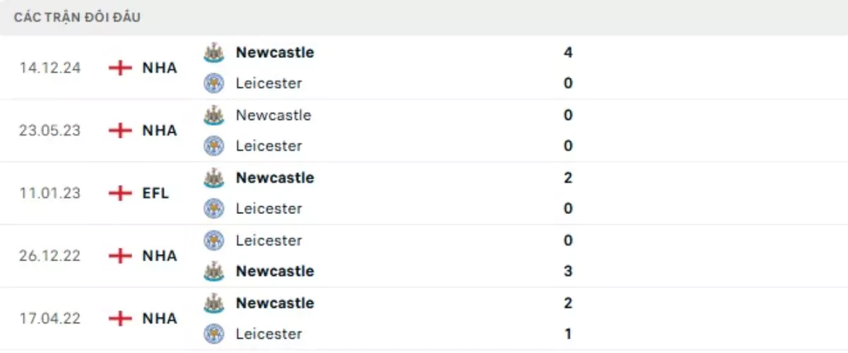Thành tích thi đấu gần đây của Leicester City vs Newcastle