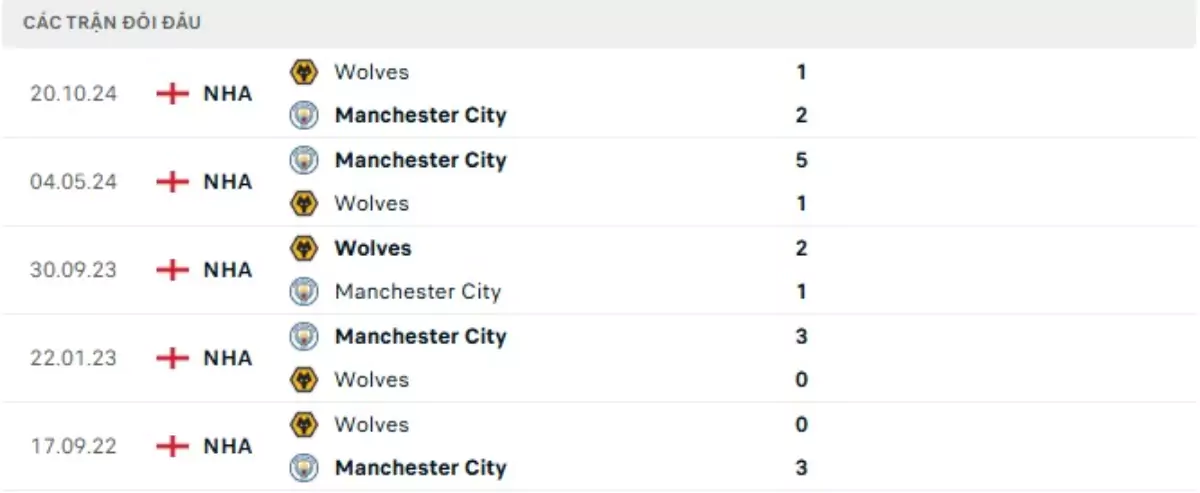 Thành tích thi đấu gần đây của Man City vs Wolves