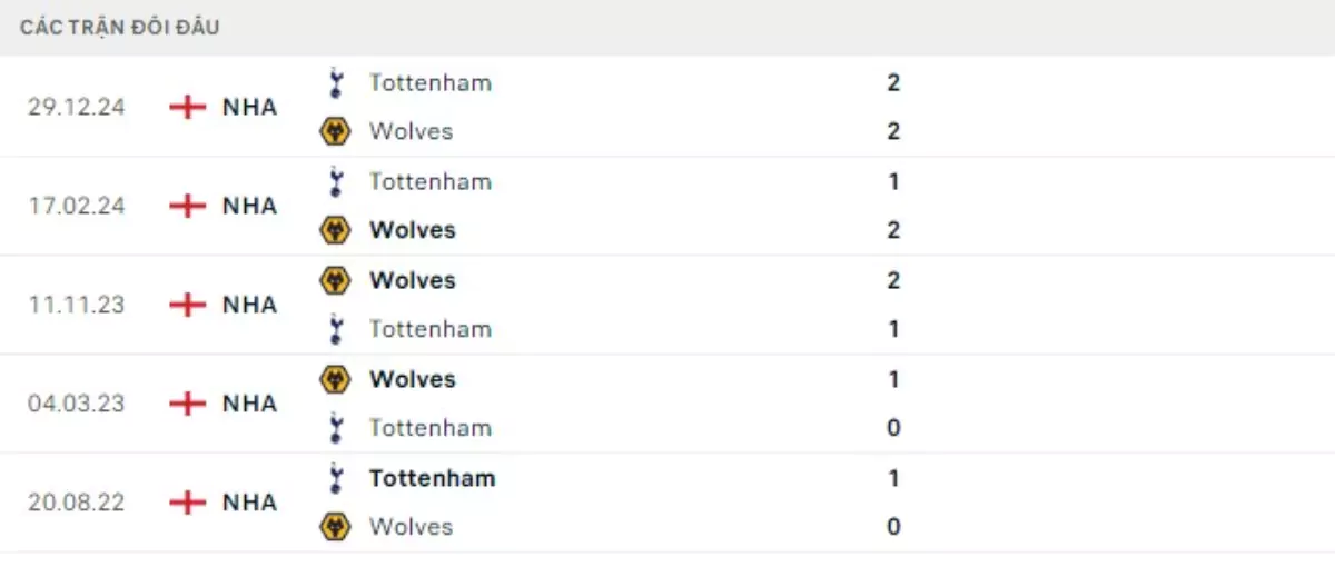 Thành tích thi đấu gần đây của Wolves vs Tottenham