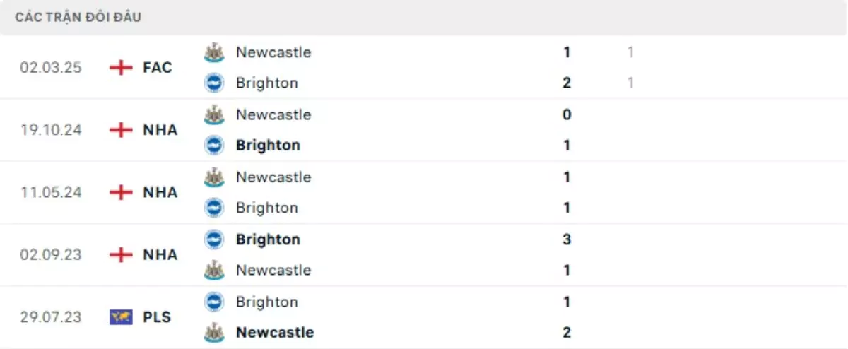 Thành tích thi đấu gần đây của Brighton vs Newcastle