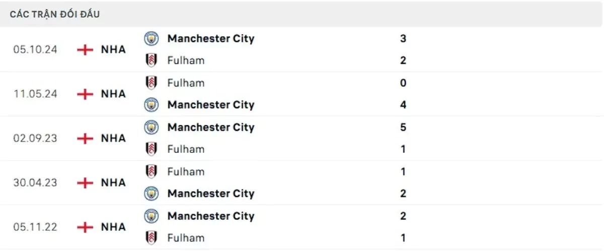 Thành tích thi đấu gần đây của Fulham vs Man City