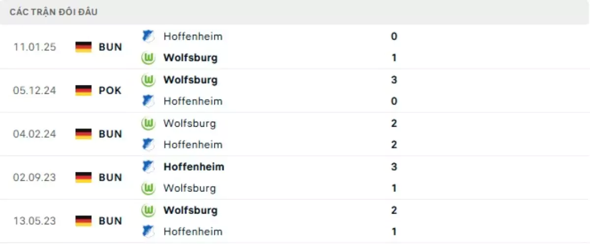 Thành tích thi đấu gần đây của Wolfsburg vs Hoffenheim