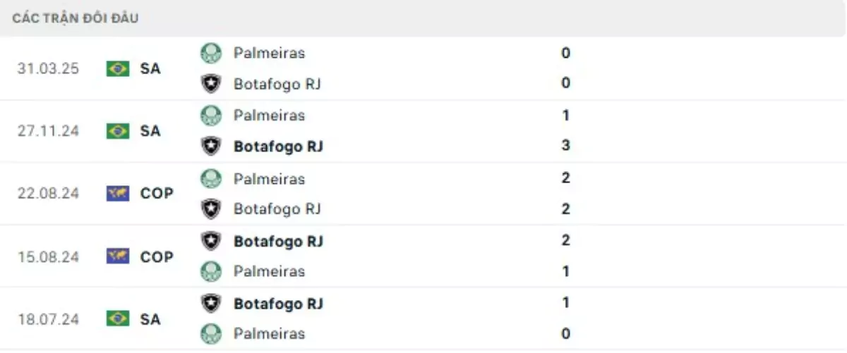 Thành tích thi đấu gần đây của Palmeiras vs Botafogo